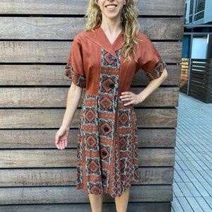 Abstract 50's/60's brown cotton day shirt dress M